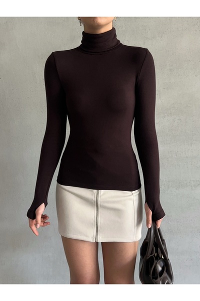 BEJNA Women's Finger Detailed Turtleneck Soft Blouse