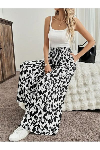 LUFES Comfortable Wide Leg Pants with Leopard Print Elastic Waist Pockets