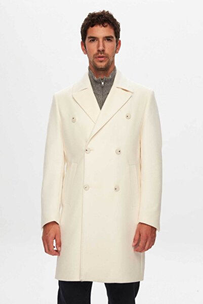 Damat Regular Fit Ekru Kaşmir-Yün Karışımlı Palto