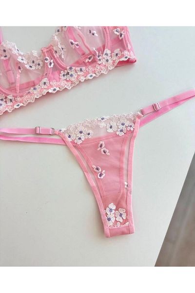 RUYAZ TEKSTİL Set sutien de lenjerie de damă din dantelă cu model de flori roz