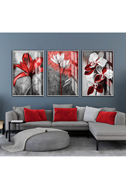 Harika bir ev Hari̇kabi̇rev | Red-Grey Soft Flower Combination | Framed Glass...
