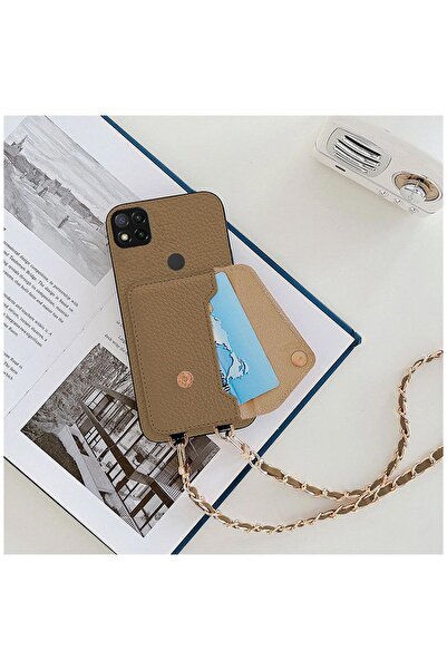Zebana Xiaomi Redmi 9C Uyumlu Kılıf Boyun Askılı Deri Kılıf Açık Kahverengi