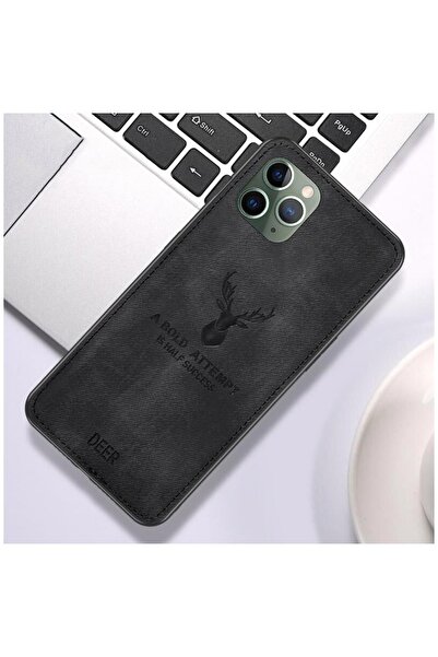 Zebana Apple iPhone 11 Pro Max Uyumlu Kılıf Silikon Kenar Kumaş Kılıf Siyah