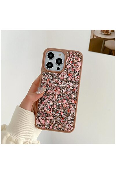 Zebana Apple iPhone 15 Pro Max Uyumlu Kılıf Taşlı Pırlanta Silikon Kılıf Rose...