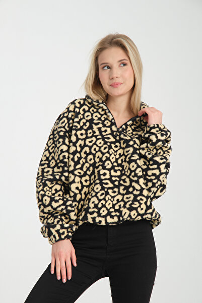 TOMURCUKSTAR Kadın Peluşlu Yarım Fermuarlı Leopar Desenli Üst