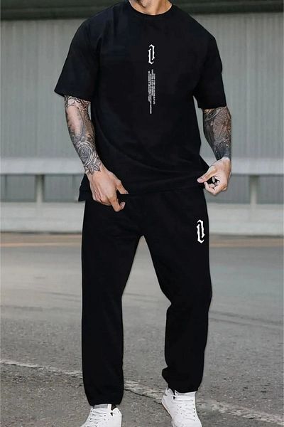 Syndra Men's Black Vertical Oversize Tracksuit Set Vertical Cotton