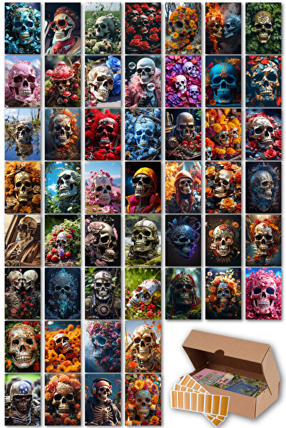 NeoPrint Kuru Kafa Poster Kart Seti - Sanatsal Renkli Tasarım Kafatası Skull Duvar Dekoru