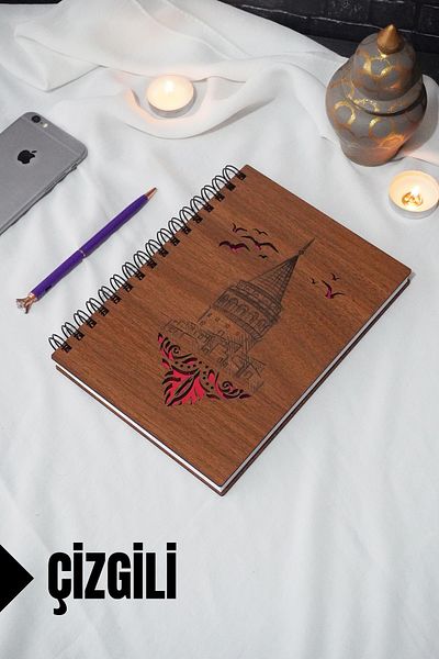markcat Galata Tower Themed Wooden Cover Notebook - Line Notebook - Agenda - School Notebook (A5 - 120 Sheets)
