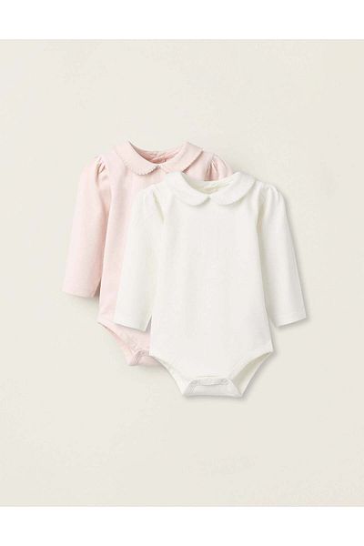 Ziddy PACK OF 2 BODYSUITS WITH PETER PAN COLLAR FOR NEWBORN GIRLS WHITE/PINK
