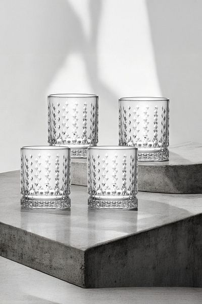Vadi Bianca Set of 4 Crystal Patterned Glass Soft Drink Glasses 378 ml - Stylish and Convenient