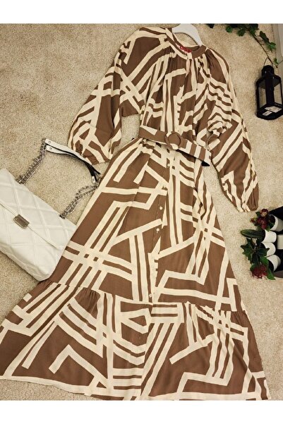 PREMİER VİE Teseture Belt Patterned Viscose Dress