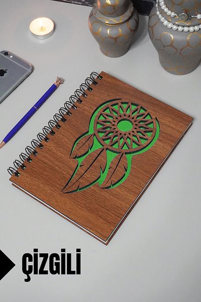 markcat Σημειωματάριο με θέμα το Dreamcatcher με ξύλινο κάλυμμα - Σημειωματάριο με γραμμές - Ατζέντα - Σχολικό Σημειωματάριο (A5 - 120 Σελίδες)