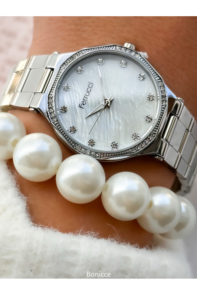Ferrucci Brand Silver Color Steel Cord Rhinestone Women's Wrist Watch + Pearl...