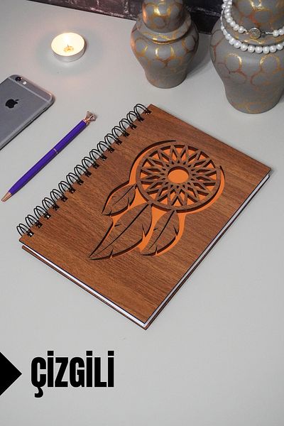 markcat Caiet din lemn cu tematică Dream Catcher - Caiet cu rigle - Agenda - Caiet școlar (A5 - 120 coli)