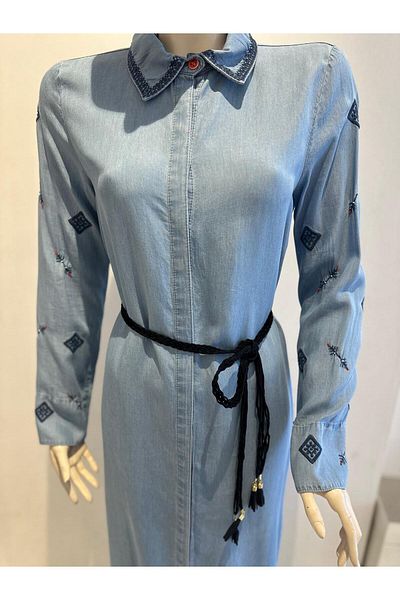 Kayra Shirt Collar Long Tunic with Embroidery Cuffs Button