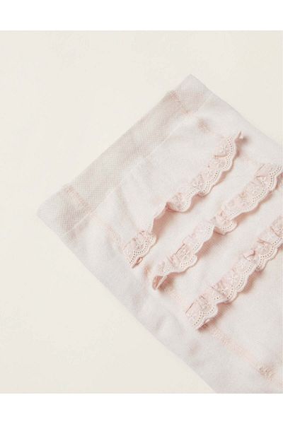 Ziddy TIGHTS WITH RUFFLES AND ENGLISH EMBROIDERY FOR BABY GIRLS LIGHT PINK