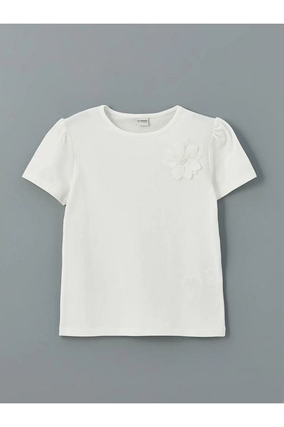LC Waikiki LCW Kids Ecru Crew λαιμόκοψη φλοράλ κοριτσίστικο μπλουζάκι