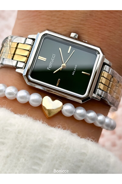 Ferrucci Marka Gümüş Sarı Renk, Yeşil Kadran, Çelik Kordon Dikdörtgen Kasa Ka...