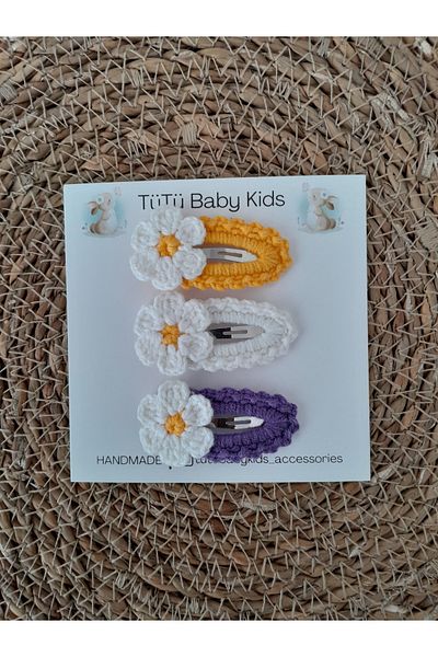 Accessories Бебешки и детски комплект от 3 броя закопчалки с фигурка на маргаритка, изплетени на ръка