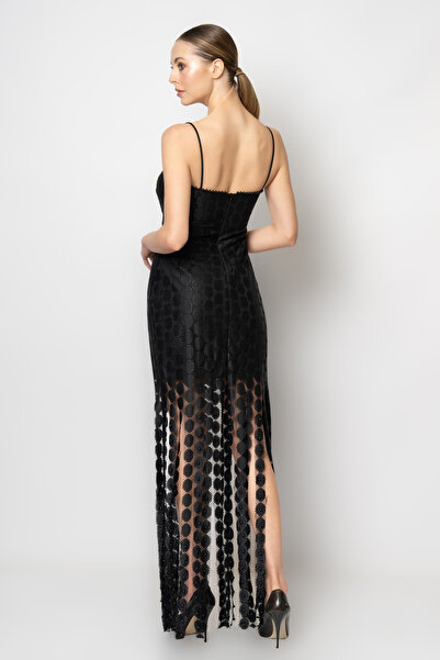 RENGIN Eteği saçaklı daire desen kumaşlı abiye elbise