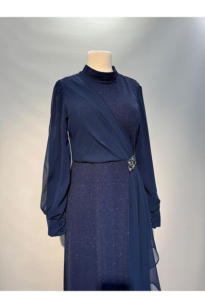 Aframia Navy Blue Chiffon Design Oversize Hijab Evening Dress - Flexible Fabric, Waist Stone Detail and Shoulder and Skirt
