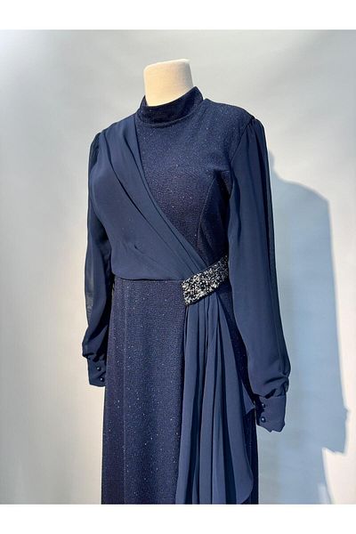 Aframia Navy Blue Chiffon Design Oversize Hijab Evening Dress - Flexible Fabric, Waist Stone Detail and Shoulder and Skirt