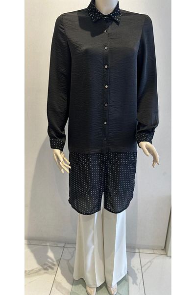 GARNİ Shirt Collar Button Closure Polka Dot Black Tunic