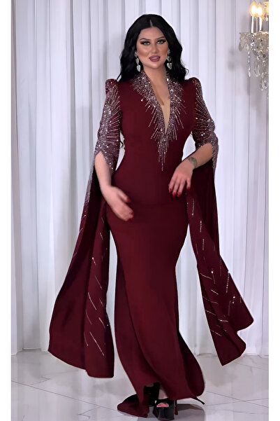 NHMODA DOUBLE KREP KUMAŞ V YAKA TAŞ DETAYLI UZUN KOLLU ABİYE