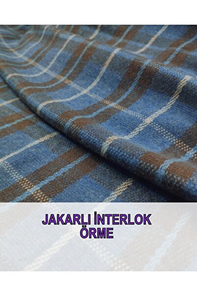 Kumaş Parça Жакардовий синьо-кавовий трикотажний інтерлок - 140x320 см (кремо...