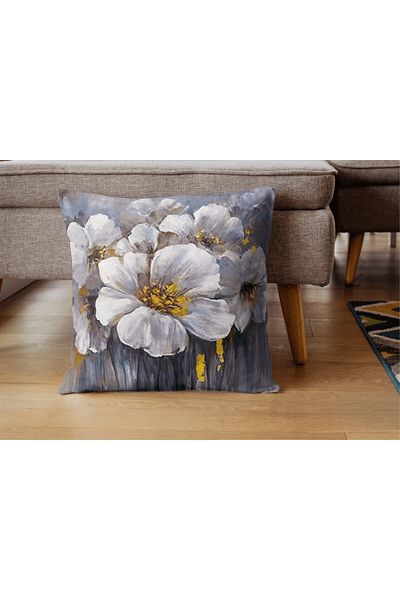 Home White Floral Patterned Digital Printing Rachel Fabric 45X45 Single Throw Pillow Cover