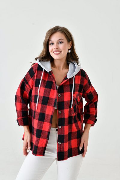 MAMAYAGA Women's Patterned Colorful Lumberjack Oversize Loose and Wide Fit Casual Double Hooded Jacket Shirt