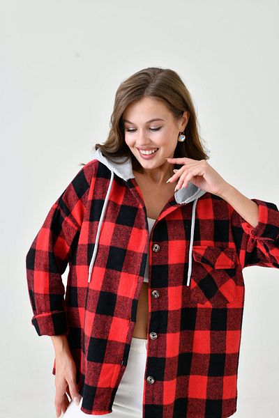 MAMAYAGA Women's Patterned Colorful Lumberjack Oversize Loose and Wide Fit Casual Double Hooded Jacket Shirt