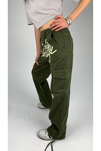 KOTOLOG Unisex Cargo Pocket Khaki Trousers with Printed Front Waist Leg Thread