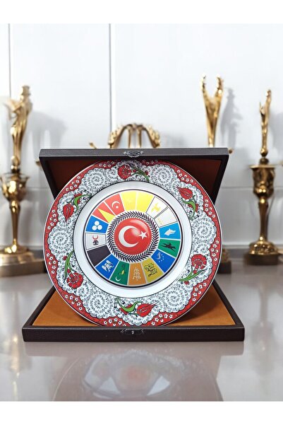 TUNA REKLAM 17 Türk Devlet Bayraklari Kahverengi̇ Deri̇ Kutu Porselen Tabak P...