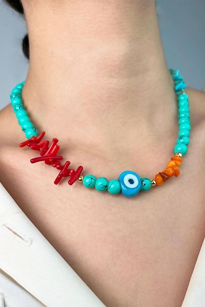 Sose Moda Natural Stone Necklace with Turquoise Coral Beads
