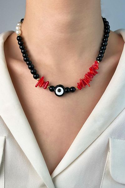 Sose Moda Coral Natural Stone Pearl and Bead Necklace with Evil Eye Beads - Black