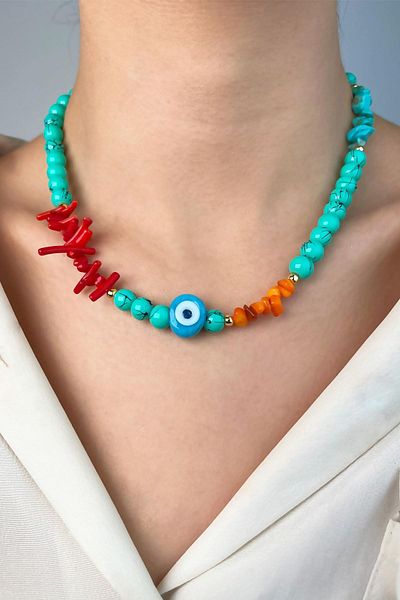 Sose Moda Natural Stone Necklace with Turquoise Coral Beads