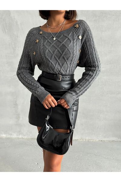 nosia fashion Pulover lung de tricotaj pentru femei - decolteu barcă, imprimeu tricotat și detaliu cu nasturi