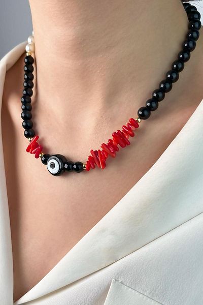 Sose Moda Coral Natural Stone Pearl and Bead Necklace with Evil Eye Beads - Black