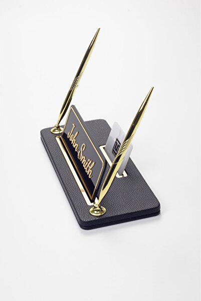 Turgut Office Leather Table Name Holder with Two Pens Black Gold Detailed