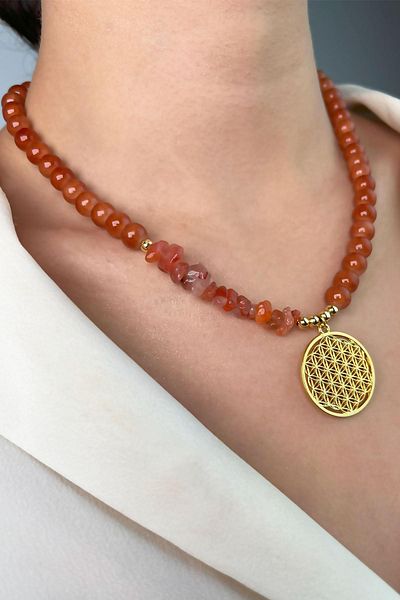 Sose Moda Orange Flower of Life - Broken Natural Stone Beads Necklace