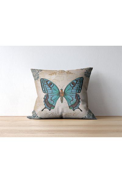 Home Blue Butterfly Patterned Rachel Fabric 4-Piece Throw Pillow Set - Digital Print (45X45)
