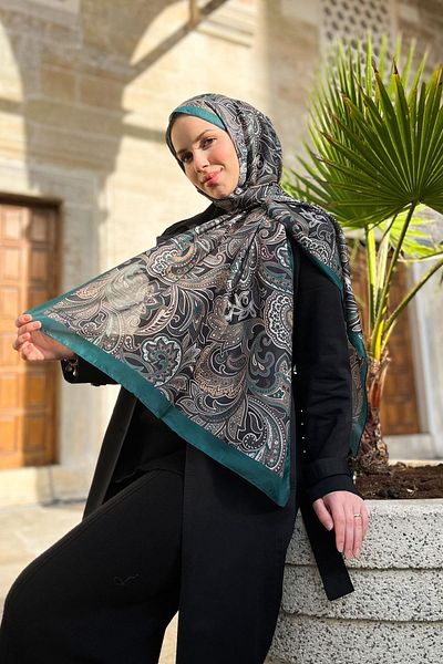 Sultan Soft Cotton Shawl - Retro Pattern - Slt3078-02 - Green, Black