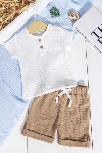Babymod Summer Baby Boy Set with 100% Cotton Muslin Buttoned Bottom and Top Shorts