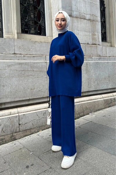 banessa Set de pantaloni tunică din tricot din oțel cu mâneci cu balon