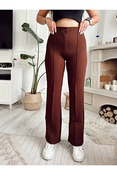 GRİLAND Γυναικείο παντελόνι Palazzo από ύφασμα κρεπ καφέ Lycra μπροστά με γρασίδι