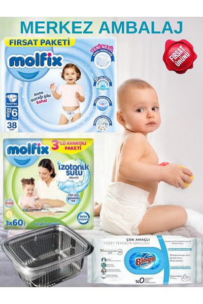 Molfix Baby Diapers Size 6 38 Pieces +96 Li Surface Cleaning Wipes + 500 Cc Seal-Free 10 Pieces + 3*60 Wet Wipes