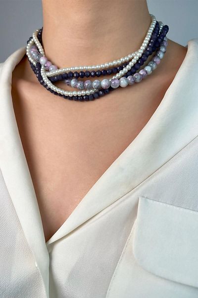 Sose Moda Coiled Necklace with Purple Crystal Beads and Pearls