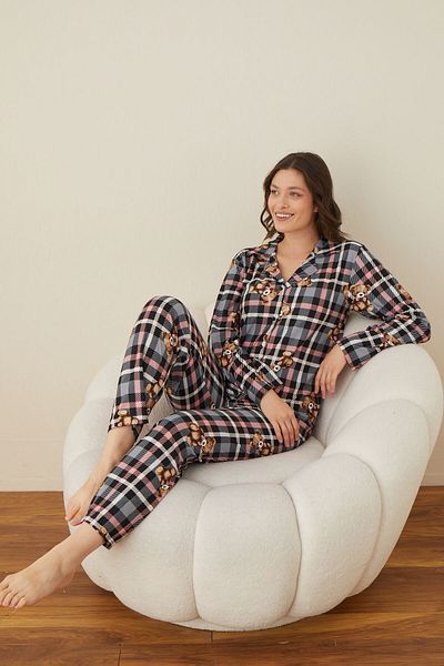 CALİA Women's Front Button Shirt Collar Suede Fabric Pajamas Set