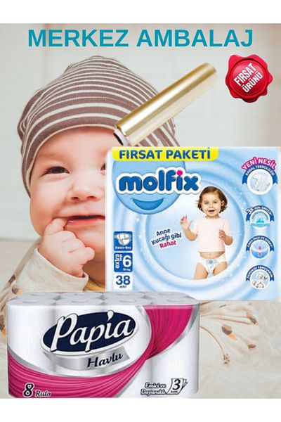 Molfix Size 6 Opportunity Pack - 15 kg 38 Baby Diapers, 30X150 Meters Gida Strech and 8 Rolls of Towels
